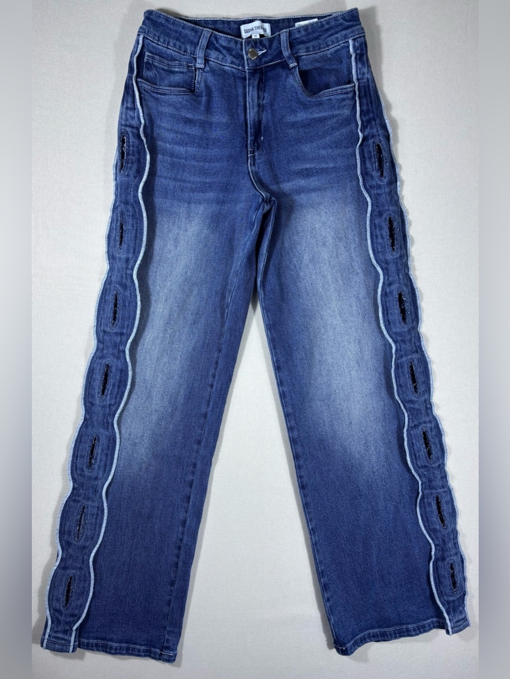 Sasha Therese Cairo Jeans XS Low Rise Wide Leg Blue Cutout Side Detail